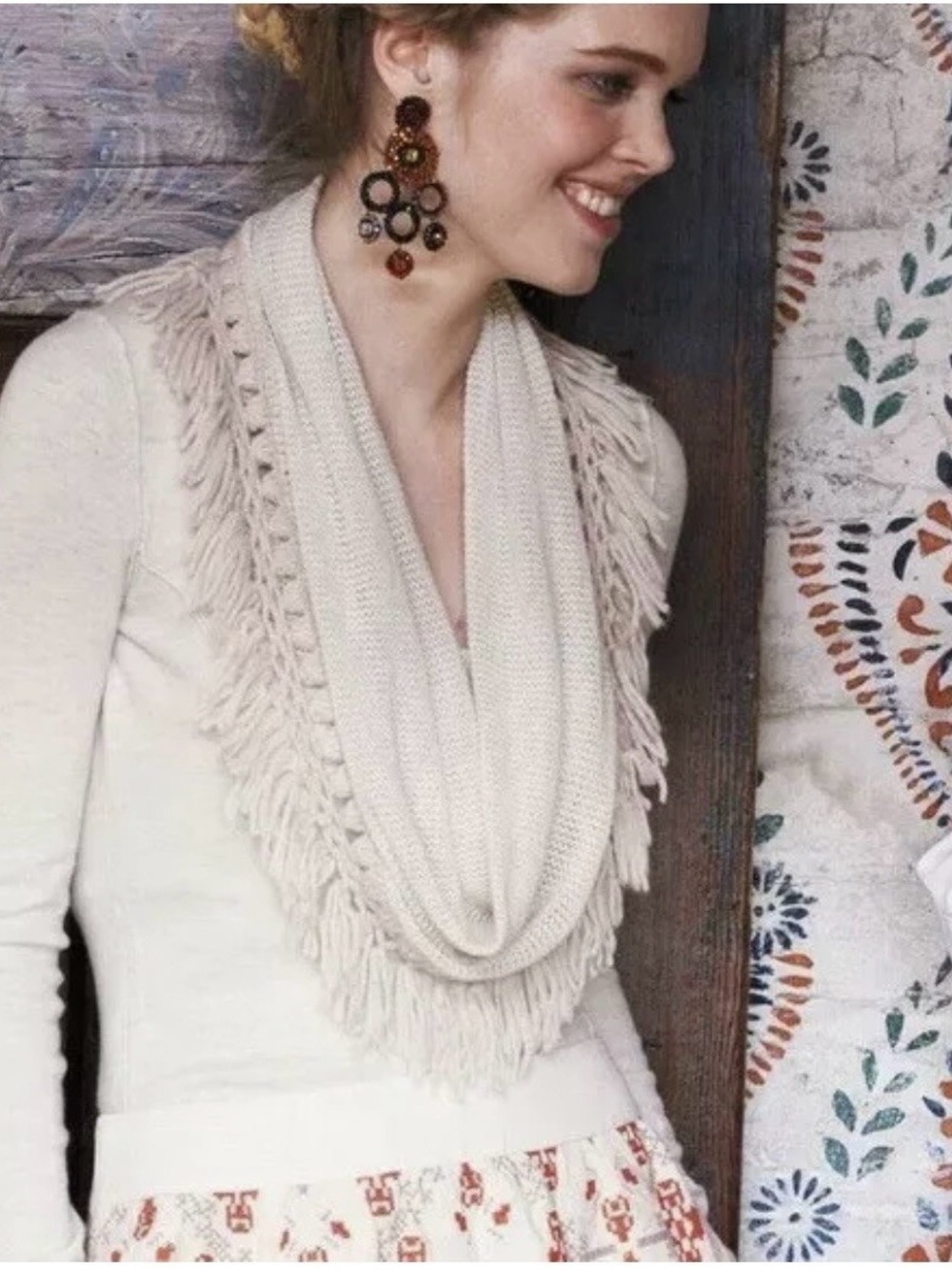 Anthropologie Angel of the North Heritage Knit Fringe Cowl Sweater Rare Size M